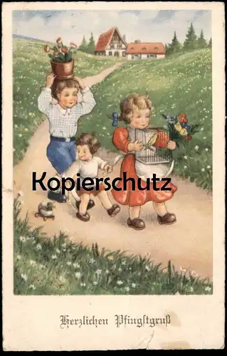 ALTE POSTKARTE KINDER MIT VOGELKÄFIG BLUMENTOPF VOGEL ENTE SPIELZEUG Vogelbauer Mädchen Junge enfants children postcard