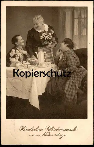 ALTE POSTKARTE NAMENSTAG KAFFEETAFEL KUCHEN KAFFEE ZUCKERDOSE sucrier sugar bowl cake women femmes Porzellan porcelain