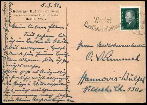 ALTE POSTKARTE BERLIN HOTEL KORBURGER HOF ANTIKER RAUM IM FOYER DES KOBURGER HOFS BAHNHOF FRIEDRICHSTRASSE postcard cpa