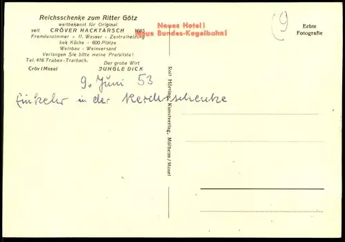 ÄLTERE POSTKARTE CRÖV REICHSSCHENKE RITTER GÖTZ TELEFON TRABEN-TRARBACH KRÖV Ansichtskarte AK cpa postcard