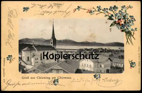 ALTE PRÄGE POSTKARTE GRUSS AUS CHIEMING AM CHIEMSEE PANORAMA 1907 GESAMTANSICHT BAYERN VERLAG KUGLER PRIEN Ansichtskarte