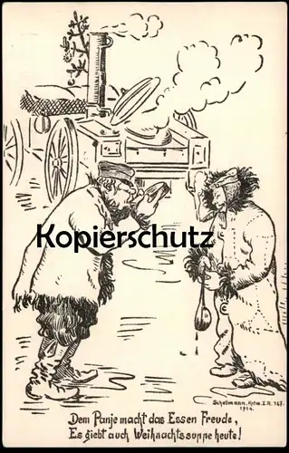 ALTE POSTKARTE DEM PANJE MACHT DAS ESSEN FREUDE WEIHNACHTSSUPPE 1914 Russischer Soldat Russia Russe postcard Schellmann