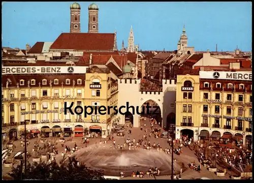 ÄLTERE POSTKARTE MÜNCHEN STACHUSBRUNNEN UND BLICK ÜBER DIE INNENSTADT STACHUS MERCEDES BENZ WAFFEN BAVARIA cpa postcard