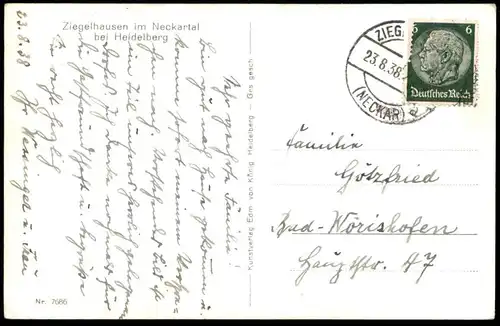 ALTE POSTKARTE ZIEGELHAUSEN IM NECKARTAL BEI HEIDELBERG PANORAMA 1938 cpa postcard