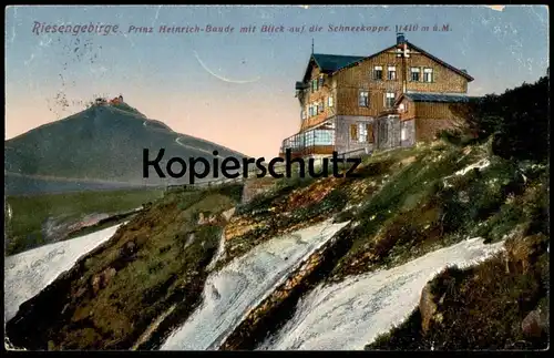 ALTE POSTKARTE RIESENGEBIRGE PRINZ-HEINRICH-BAUDE MIT BLICK AUF DIE SCHNEEKOPPE Krummhübel Karpacz Karkonosze Krkonose