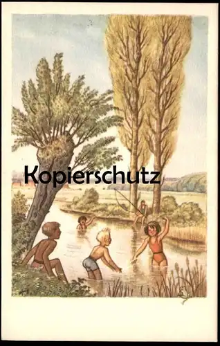 ALTE KÜNSTLER POSTKARTE KINDER BADEN IM FLUSS BACH ANGLER SPIEL WEIDE PAPPEL UFER Ansichtskarte postcard cpa AK