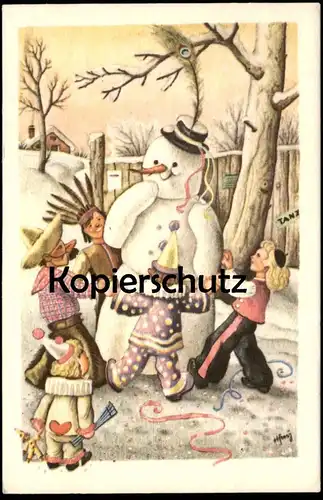 ALTE KÜNSTLER POSTKARTE KINDER SCHNEEMANN COWBOY & INDIANER HARLEKIN CLOWN SPIEL snowman indian postcard cpa AK