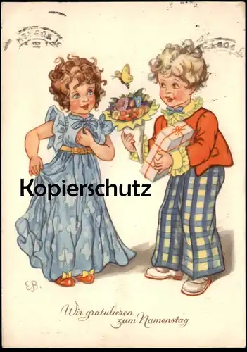 ALTE KÜNSTLER POSTKARTE WIR GRATULIEREN ZUM NAMENSTAG GESCHENK PÄCKCHEN KINDER MÄDCHEN BLUMEN Ansichtskarte AK postcard