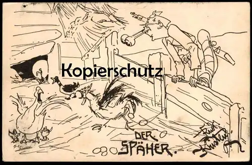 ALTE KÜNSTLER POSTKARTE DER SPÄHER FRONT WELTKRIEG SOLDAT RUDOLF KRISTEN Militär Hühner Hahn Eier Humor Ansichtskarte AK