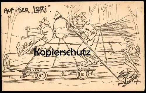 ALTE KÜNSTLER POSTKARTE AUF DER LORI FRONT WELTKRIEG SOLDAT RUDOLF KRISTEN Militär Feldbahn Lore Humor Ansichtskarte AK