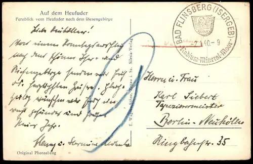 ALTE POSTKARTE AUF DEM HEUFUDER BLICK NACH DEM RIESENGEBIRGE SWIERADOW DOM ZDROJOWY Bad Flinsberg Zdroj Schlesien cpa