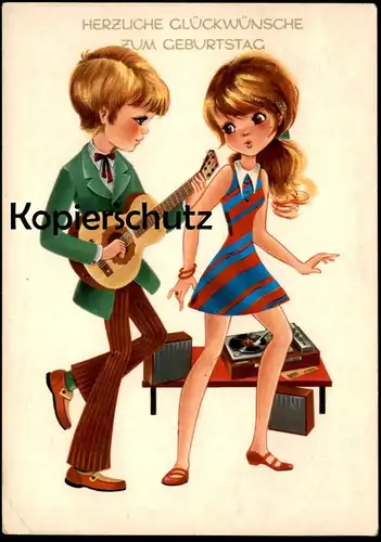 ÄLTERE POSTKARTE HERZLICHE GLÜCKWUNSCHE ZUM GEBURTSTAG PAAR GITARRE PLATTENSPIELER turntable plaque tournante couple cpa