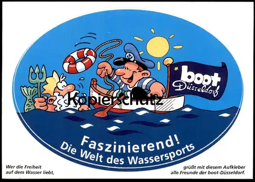 ÄLTERE POSTKARTE DÜSSELDORF BOOT NEPTUN DREIZACK KAPITÄN RETTUNGSRING MESSE WASSERSPORTMESSE AUSSTELLUNG AUFKLEBER AK
