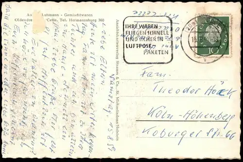 ALTE POSTKARTE OLDENDORF ÜBER CELLE KAUFHAUS SCHULE FISCHTEICH WALDPARTIE SÜDHEIDE Niedersachsen Ansichtskarte postcard