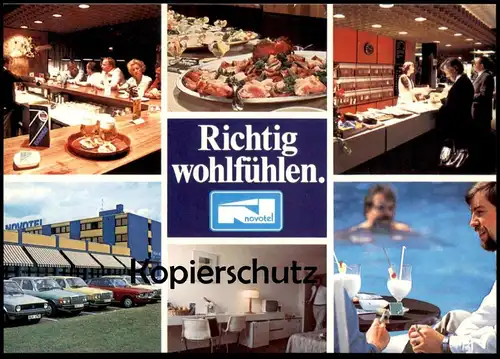 ÄLTERE POSTKARTE DORTMUND NOVOTEL HOTEL RICHTIG WOHLFÜHLEN VW MERCEDES BMW BIER BUFFET THEKE Ansichtskarte AK postcard