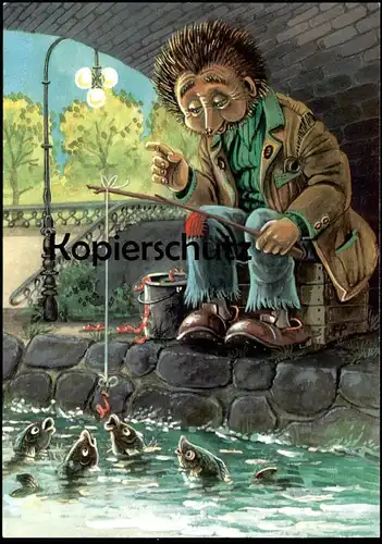 ÄLTERE POSTKARTE MECKI ALS ANGLER FISCHE KÖDER WURM FISCH IGEL DDR PLANET VERLAG fishing hedgehog Ansichtskarte postcard