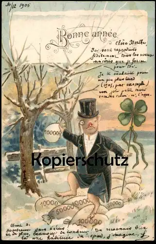ALTE PRÄGE POSTKARTE BONNE ANNÉE VERMENSCHLICHTES SCHWEIN HUMANISED PIG COCHON HUMANISE NEUJAHR postcard Ansichtskarte