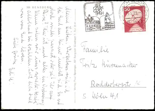 ÄLTERE POSTKARTE FREUNDLICHE GRÜSSE AUS DER SCHLOSSSTADT BENSBERG BURGGRABEN RATHAUSTURM Bergisch Gladbach Ansichtskarte