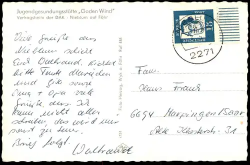 ÄLTERE POSTKARTE NIEBLUM AUF FÖHR JUGENDGESUNDUNGSSTÄTTE DER DAK GODEN WIND Ansichtskarte AK cpa postcard