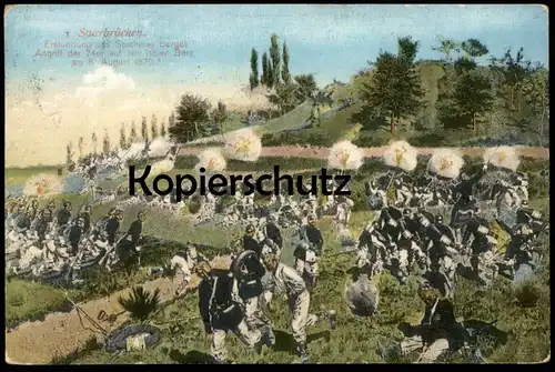 ALTE POSTKARTE SAARBRÜCKEN ERSTÜRMUNG SPICHERER BERGES ANGRIFF DER 74ER AUF DEN ROTEN BERG AM 06.08.1870 AK cpa postcard