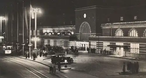 ALTE POSTKARTE MÜNSTER BAHNHOF BEI NACHT NACHTAUFNAHME HAUPTBAHNHOF station at night gare nuit old car cars Taxi cab cpa