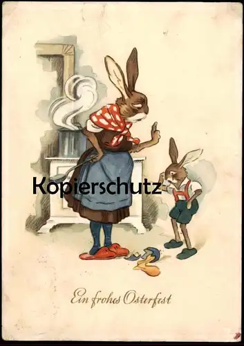 ALTE POSTKARTE EIN FROHES OSTERFEST HASEN VERMENSCHLICHT KÜCHE KOCHEN KAPUTTES EI Hase rabbit bunny easter cpa postcard