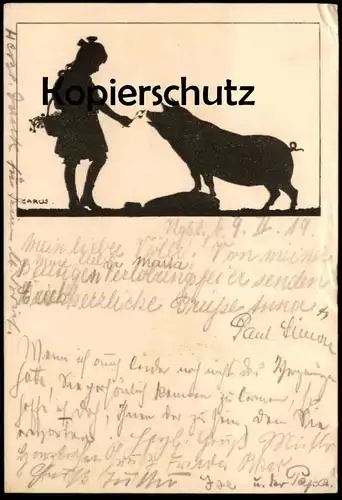 ALTE POSTKARTE MÄDCHEN FRAU FÜTTERT SCHWEIN MIT BLUMEN CARUS pig maitre cochon Ansichtskarte postcard cpa