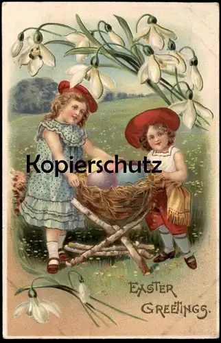 ALTE PRÄGE POSTKARTE EASTER GREETINGS EGGS GIRLS KINDER MÄDCHEN OSTERN BUNTE EIER paques embossed gaufree postcard cpa