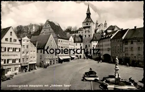 ALTE POSTKARTE LANDSBERG LECH HAUPTPLATZ MIT SCHÖNEM TURM AUTOS AUTO TEMPO RAPID HERZOG STÜBERL RADIO Ansichtskarte