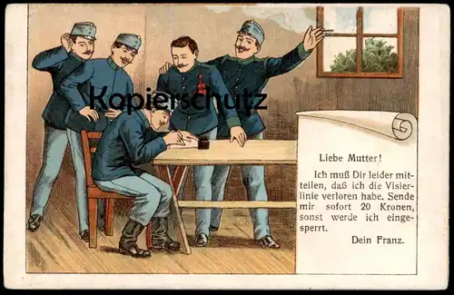 ALTE POSTKARTE LIEBE MUTTER VISIERLINIE VERLOREN 20 KRONEN HUMOR STUBE REKRUTEN SOLDATEN Ansichtskarte cpa AK postcard