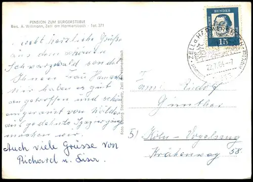 ÄLTERE POSTKARTE ZELL AM HARMERSBACH PENSION ZUM BÜRGERSTÜBLE BESITZER A. WILLMANN Ansichtskarte AK postcard cpa