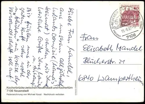 ÄLTERE POSTKARTE NEUENSTADT AM KOCHER KOCHERBRÜCKE ZWISCHEN NEUENSTADT UND KOCHERTÜRN KOSZT Ansichtskarte AK postcard