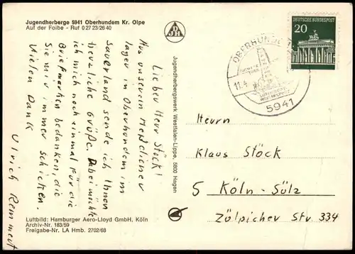 ÄLTERE POSTKARTE OBERHUNDEM JUGENDHERBERGE PANORAMA TOTALANSICHT Kirchhundem Sauerland Ansichtskarte cpa postcard AK