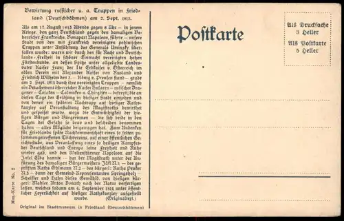 ALTE POSTKARTE FRIEDLAND BEWIRTUNG RUSSISCHER UND ANDERER TRUPPEN AM 02.09.1815 czech republic Tschechische Repbulik