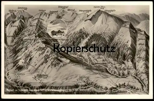 ALTE POSTKARTE KLEINWALSERTAL RELIEFKARTE TOURENKARTE DES SCHWARZWASSERTALES MITTELBERG HIRSCHEGG RIEZLERN AK postcard