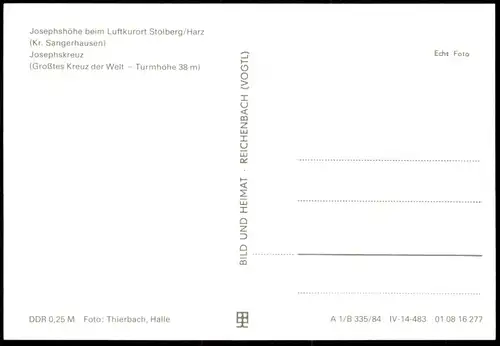 ÄLTERE POSTKARTE STOLBERG IM HARZ JOSEPHSHÖHE TURM JOSEPHSKREUZ Ansichtskarte AK cpa postcard