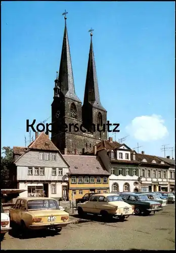 ÄLTERE POSTKARTE QUEDLINBURG IM HARZ BLICK VOM MATHILDENBRUNNEN ZUR NIKOLAIKIRCHE SKODA WARTBURG TRABANT Ansichtskarte