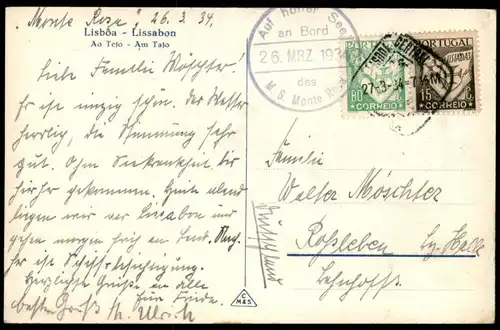 ALTE POSTKARTE LISBOA AO TEJO LISSABON AM TAJO SEGELSCHIFF PORTUGAL SCHIFFSSTEMPEL M. S. MONTE ROSA 1934 postcard AK cpa