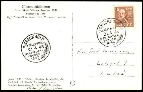 ALTE POSTKARTE STOCKHOLM 1948 MINNESUTSTÄLLNINGEN WESTFALISKA FREDEN 1648 NORDISKA MUSEET WESTFÄLISCHER FRIEDE SALVIUS