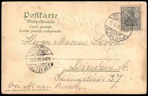 ALTE PRÄGE LITHO POSTKARTE DRESDEN ZWINGERTEICHPARTIE ZWINGER TEICH TANNENZAPFEN ZAPFEN Ansichtskarte AK postcard cpa