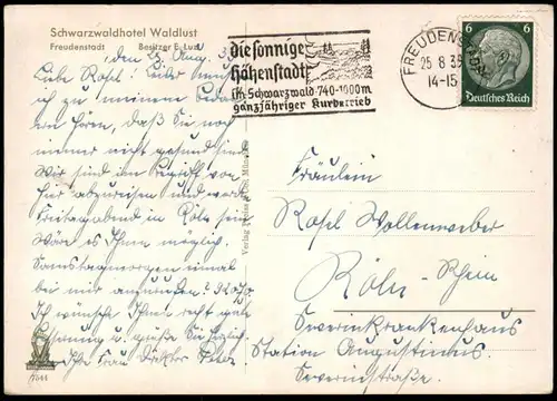 ALTE POSTKARTE SCHWARZWALDHOTEL WALDLUST FREUDENSTADT 1939 BESITZER E. LUZ HOTEL DEKO BLUMEN Baden-Württemberg AK