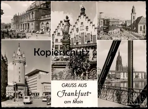 ÄLTERE POSTKARTE FRANKFURT AM MAIN BÖRSE ESCHENHEIMER TOR RÖMER HAUPTWACHE MIT KATHRINENKICHE DOM MAIN stock exchange AK