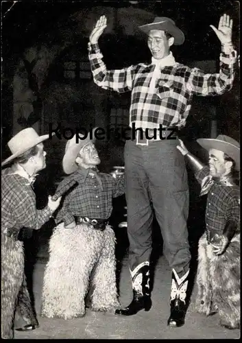 ALTE POSTKARTE CIRCUS KRONE BIMBO SUPERMENSCH DER GRÖSSTE COWBOY DER WELT Liliputaner Zircus Cirque Lilliputian Midget