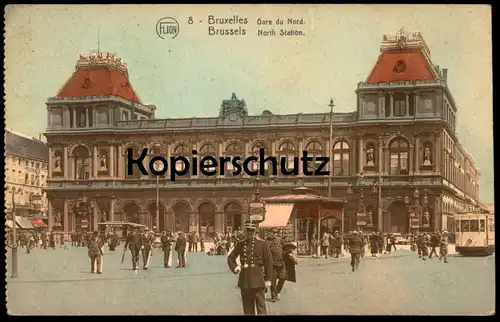 ALTE POSTKARTE BRUXELLES GARE DU NORD STATION BRUSSELS TRAM UNIFORM POLITIE POLICE POLIZIST ENFI TABAC BRÜSSEL