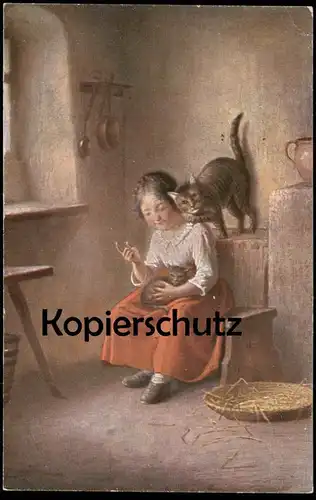 ALTE POSTKARTE MÄDCHEN FRAU MIT KATZE & KATZENKIND Kind child enfant Katzen cat chat cats Ansichtskarte cpa postcard