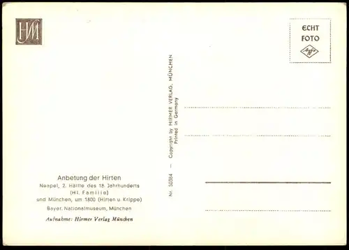 ÄLTERE POSTKARTE HIRTEN UND KRIPPE MÜNCHEN UM 1800 HEILIGE FAMILIE NEAPEL ANBETUNG DER HIRTEN AK crib couvent christmas