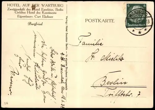 ALTE POSTKARTE HOTEL AUF DER WARTBURG ZWEIGGESCHÄFT HOTEL EXCELSIOR BERLIN CURT ELSCHNER BURG EISENACH AK cpa postcard