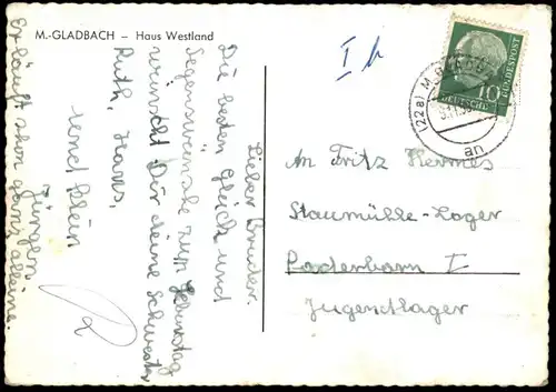 ÄLTERE POSTKARTE MÖNCHENGLADBACH BAHNHOF-VORPLATZ HAUS WESTLAND Hensen Bier Müser Bräu Bus Busse station gare AK cpa