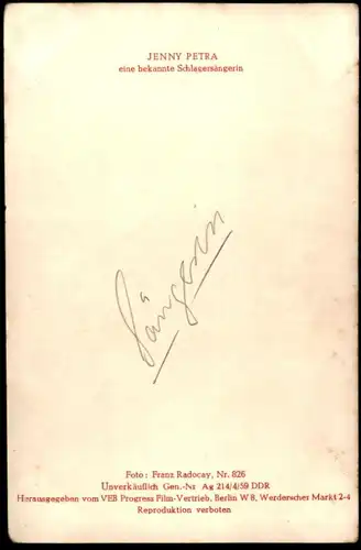 ALTE KARTE JENNY PETRA SCHLAGERSÄNGERIN AUTOGRAMM AUTOGRAPH SÄNGERIN SINGER VEB PROGRESS BERLIN DDR SCHMUCK postcard