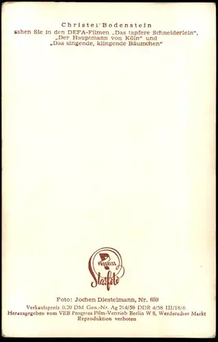 ALTE KARTE CHRISTEL BODENSTEIN FILM-SCHAUSPIELERIN STARFOTO VEB PROGRESS BERLIN HUT DDR actress postcard hat cpa AK